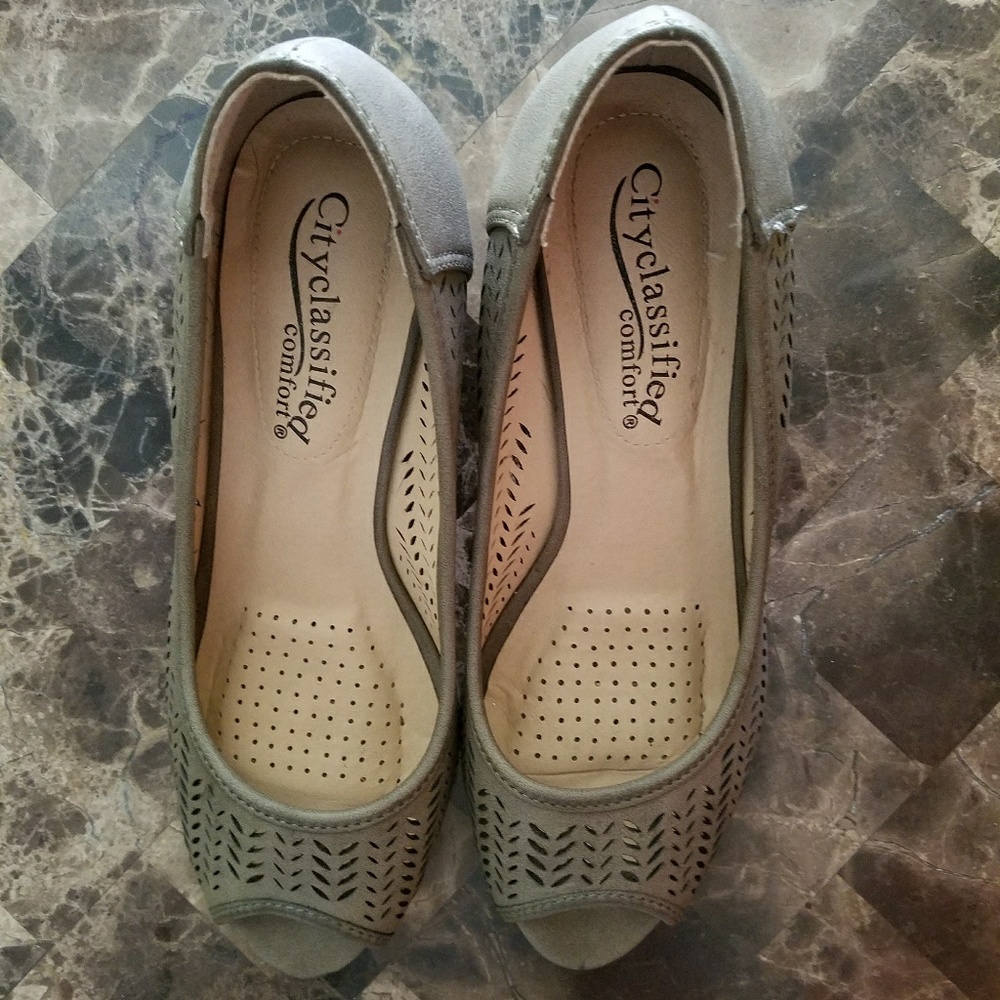 Olive green peep toe wedges